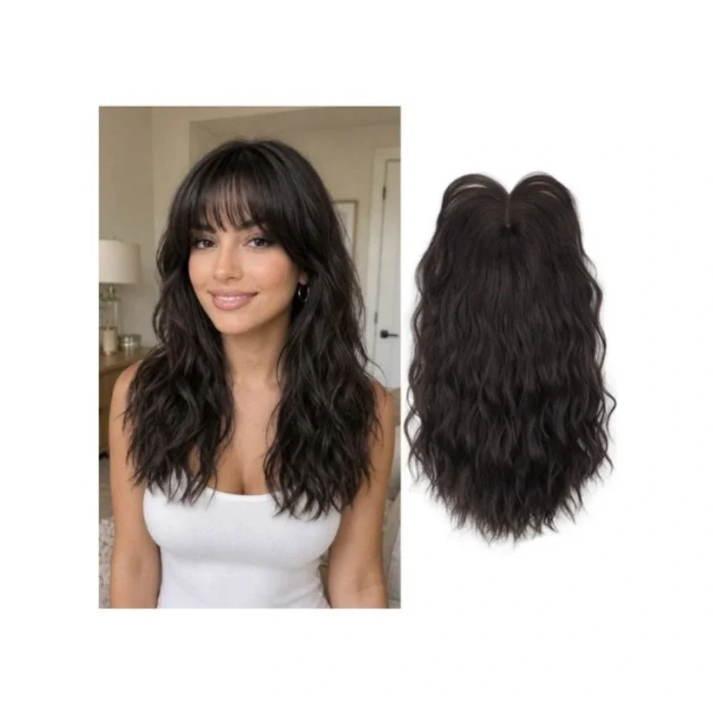MONIXI 18 Inch Wavy Synthetic Hair Topper Dark Brown French Bangs 6x5 Base
